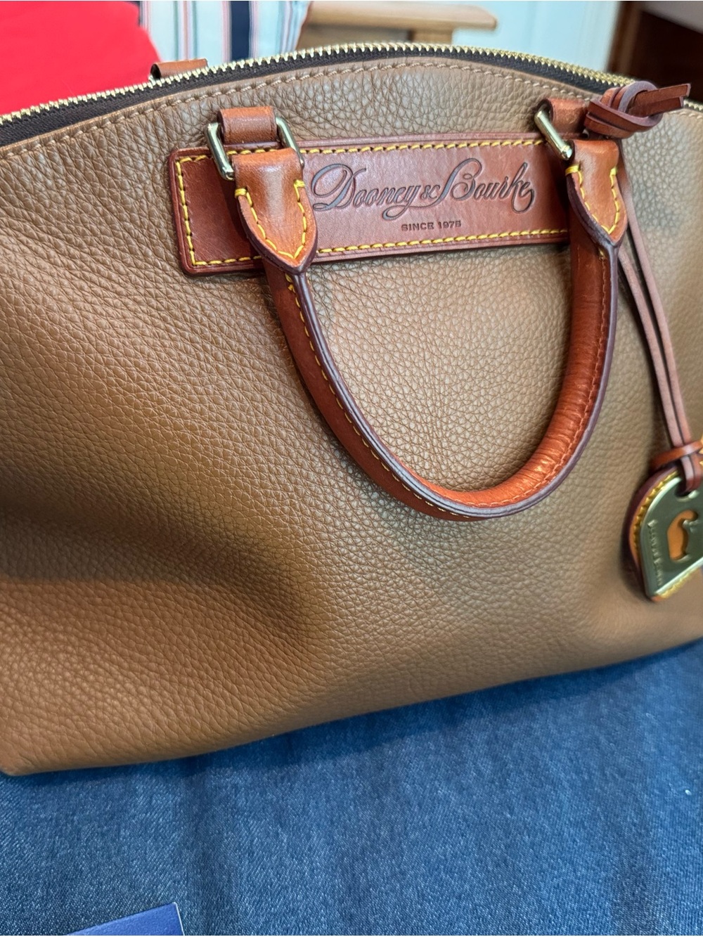 Dooney & Bourke Brown Pebbled Leather Satchel with Chestnut Trim